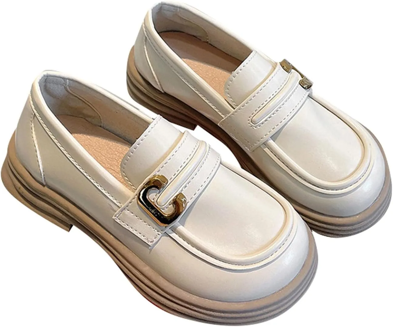 Girl's Platform Loafers Slip On Chunky Heel Leather Flat Round Toe School niform Dress Shoes with Metal Buckle
