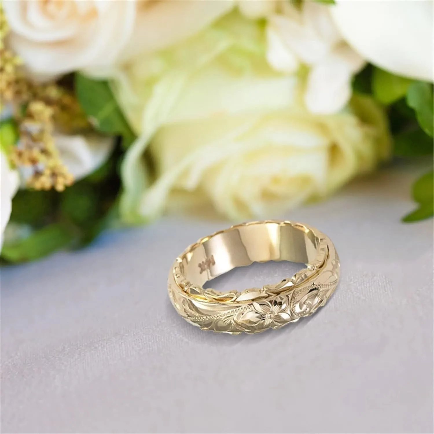 Gold Engagement Ring for Women Handmade Engraved Flower Band Rings Minimalistic Statement Ring