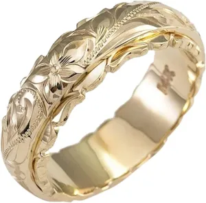 Gold Engagement Ring for Women Handmade Engraved Flower Band Rings Minimalistic Statement Ring