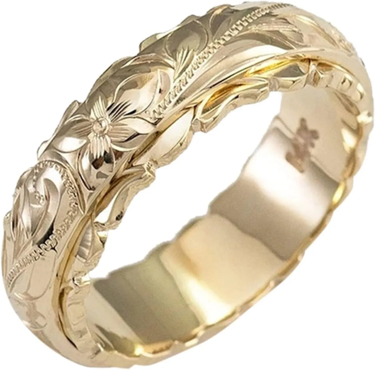 Gold Engagement Ring for Women Handmade Engraved Flower Band Rings Minimalistic Statement Ring