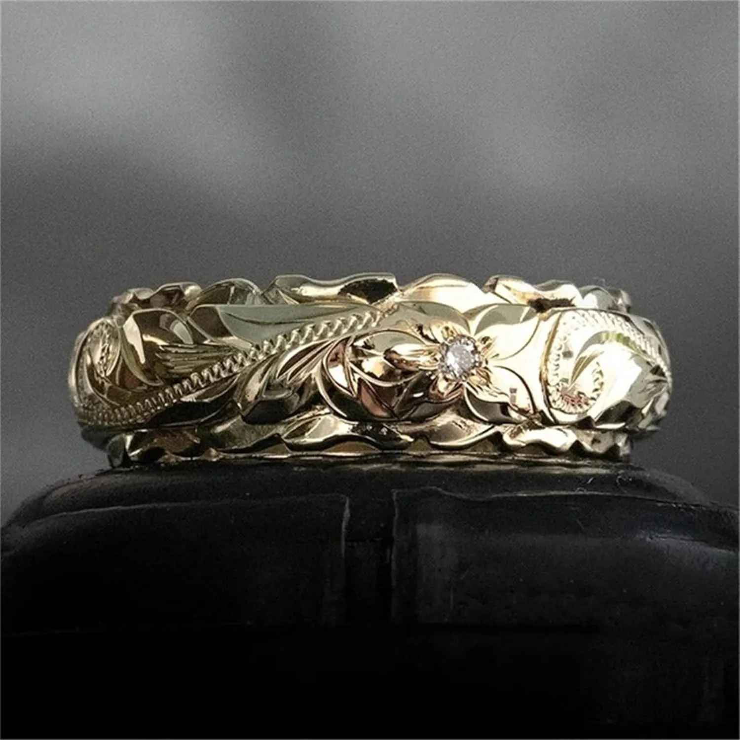 Gold Engagement Ring for Women Handmade Engraved Flower Band Rings Minimalistic Statement Ring
