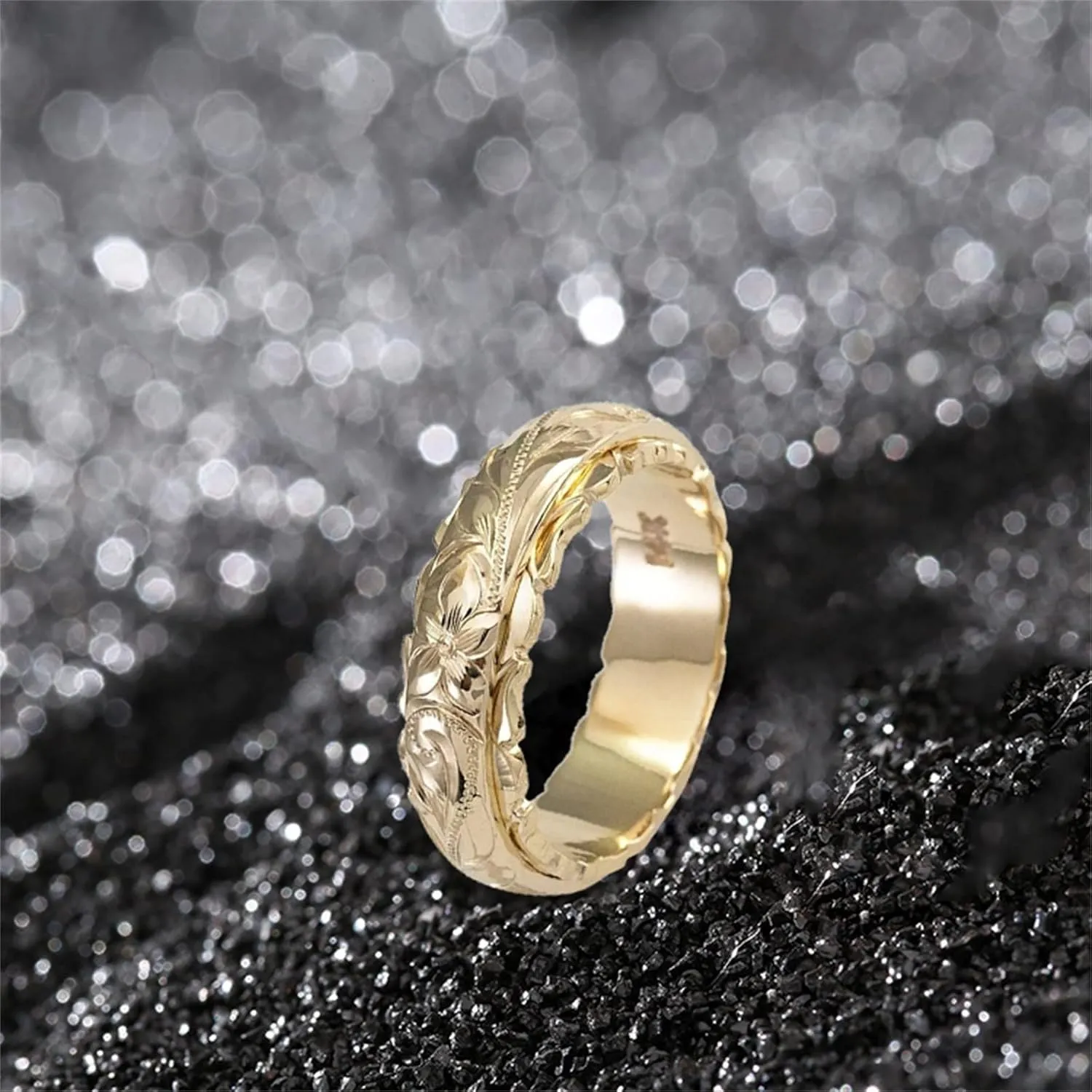 Gold Engagement Ring for Women Handmade Engraved Flower Band Rings Minimalistic Statement Ring