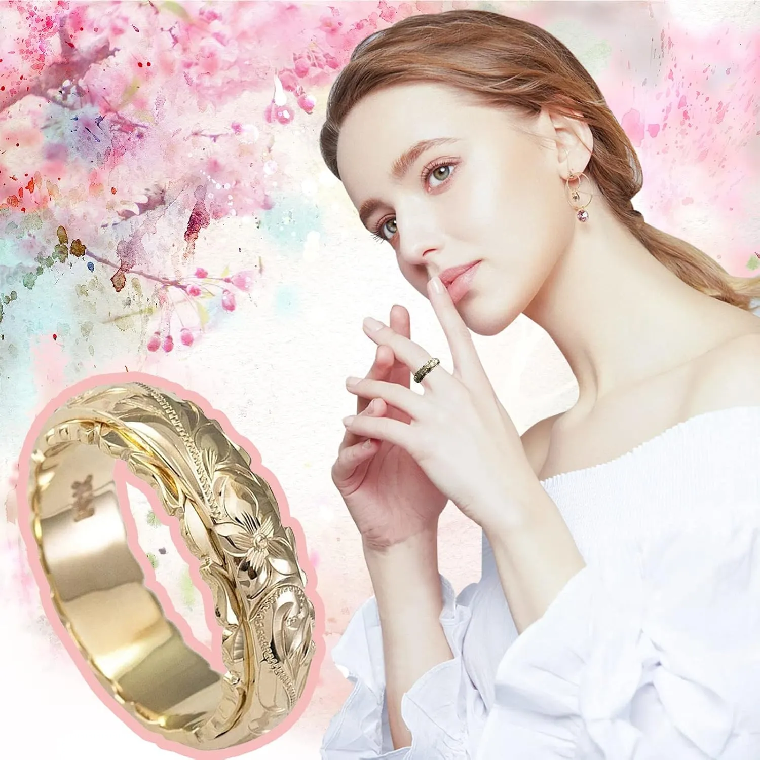 Gold Engagement Ring for Women Handmade Engraved Flower Band Rings Minimalistic Statement Ring