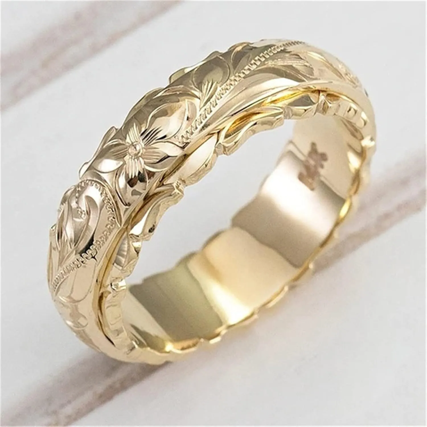 Gold Engagement Ring for Women Handmade Engraved Flower Band Rings Minimalistic Statement Ring