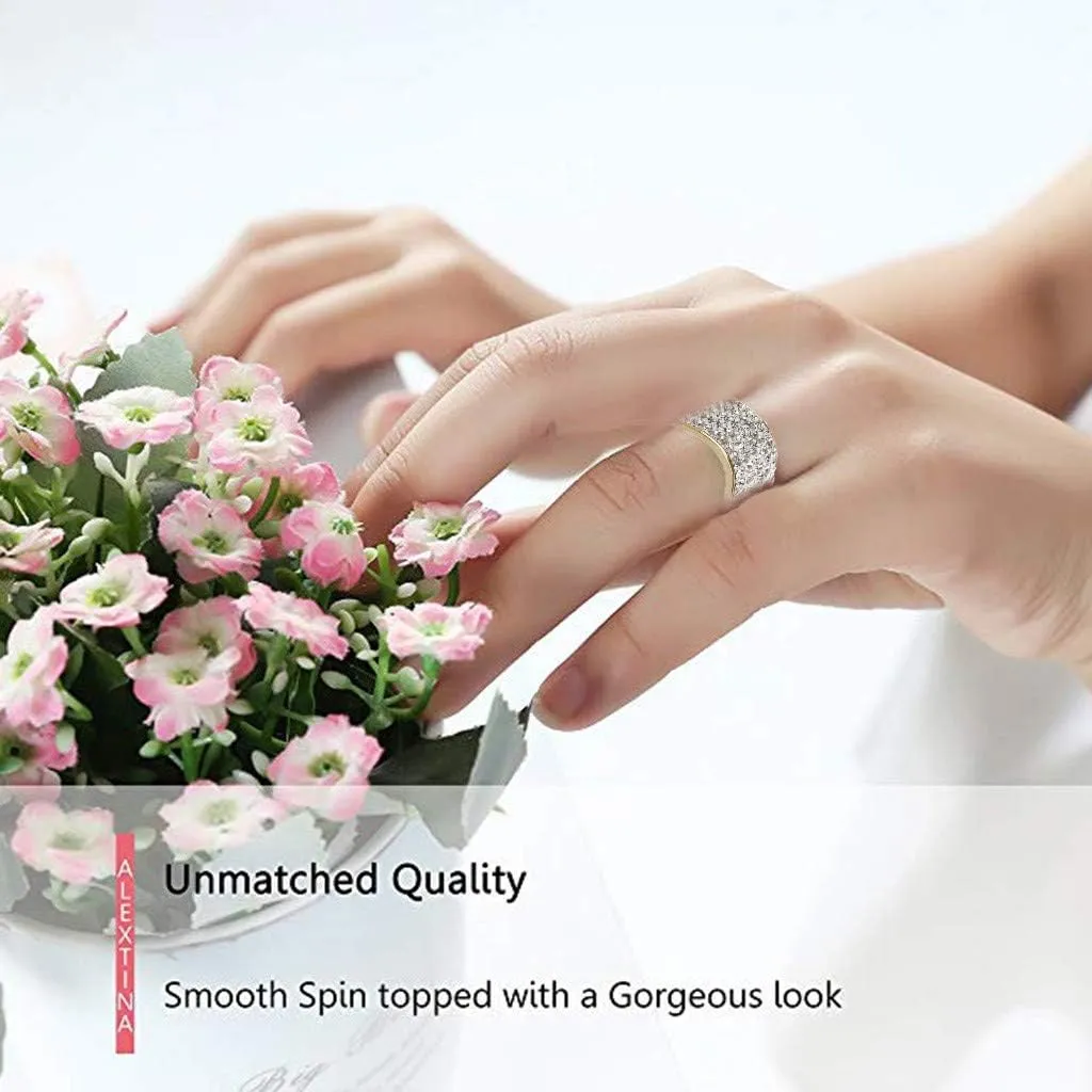 Gold Plated Cubic Zirconia Statement Rings for Women,Wide Eternity Stackable Wedding Band for Her Fashion Statement Jewelry