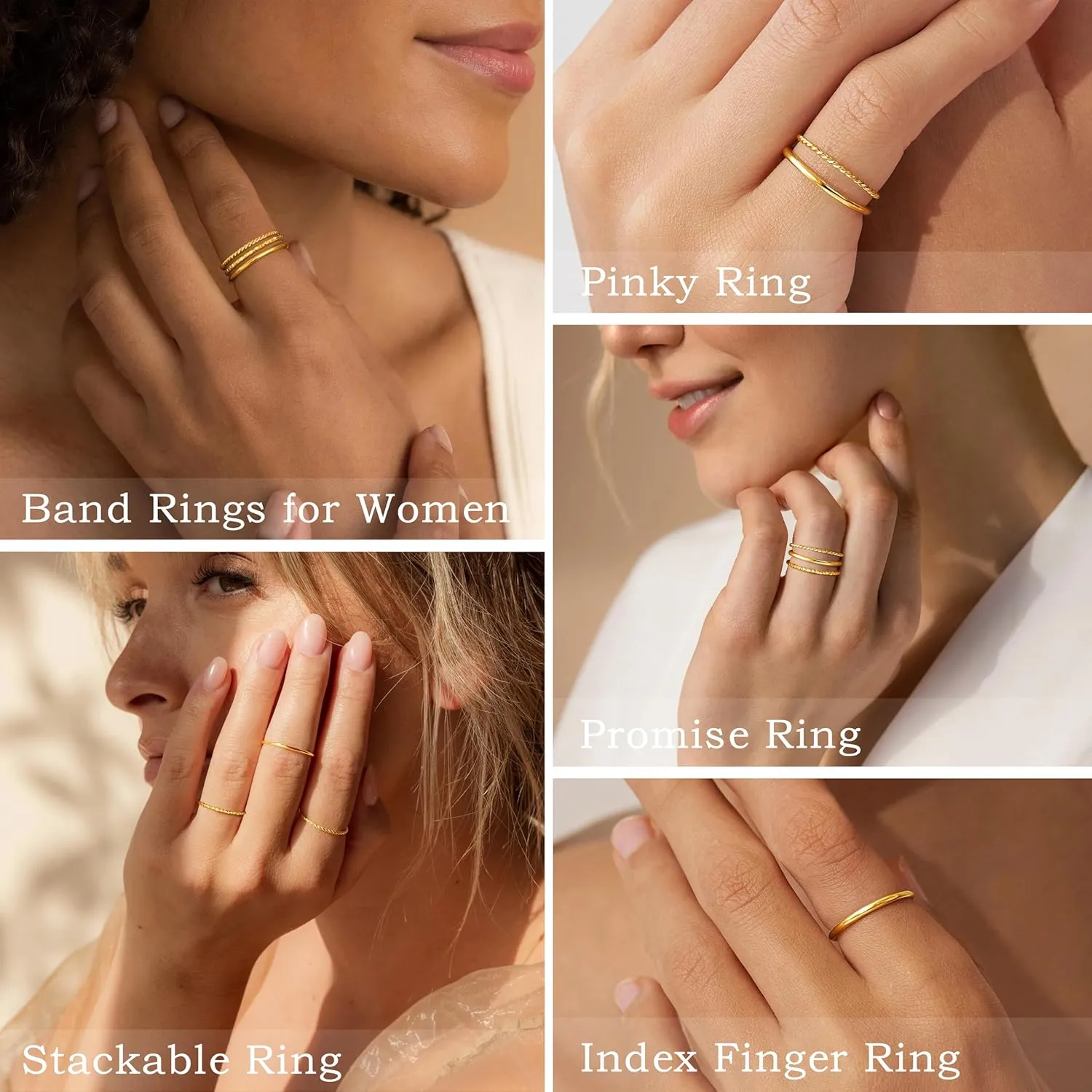Gold Rings for Women Non Tarnish, Dainty 14K Gold Plated Stackable Thin Thumb Ring Set Trendy Pinky Wedding Bands Engagement Rings for Women Size 6-11