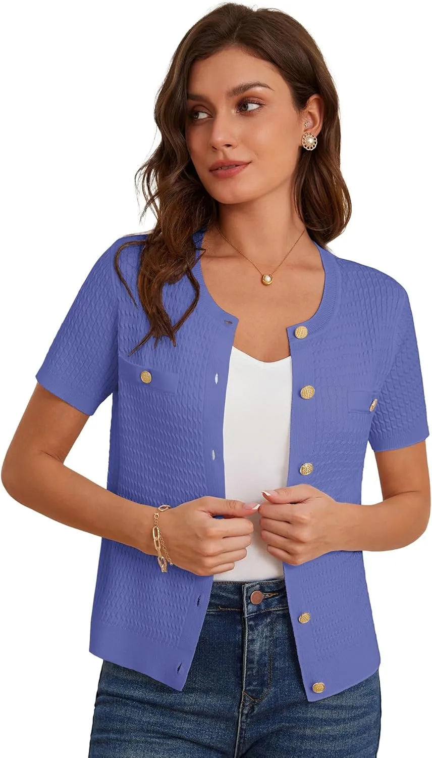 GRACE KARIN 2025 Women's Summer Short Sleeve Cardigan Sweaters Crew Neck Button Down Cropped Sweater Top