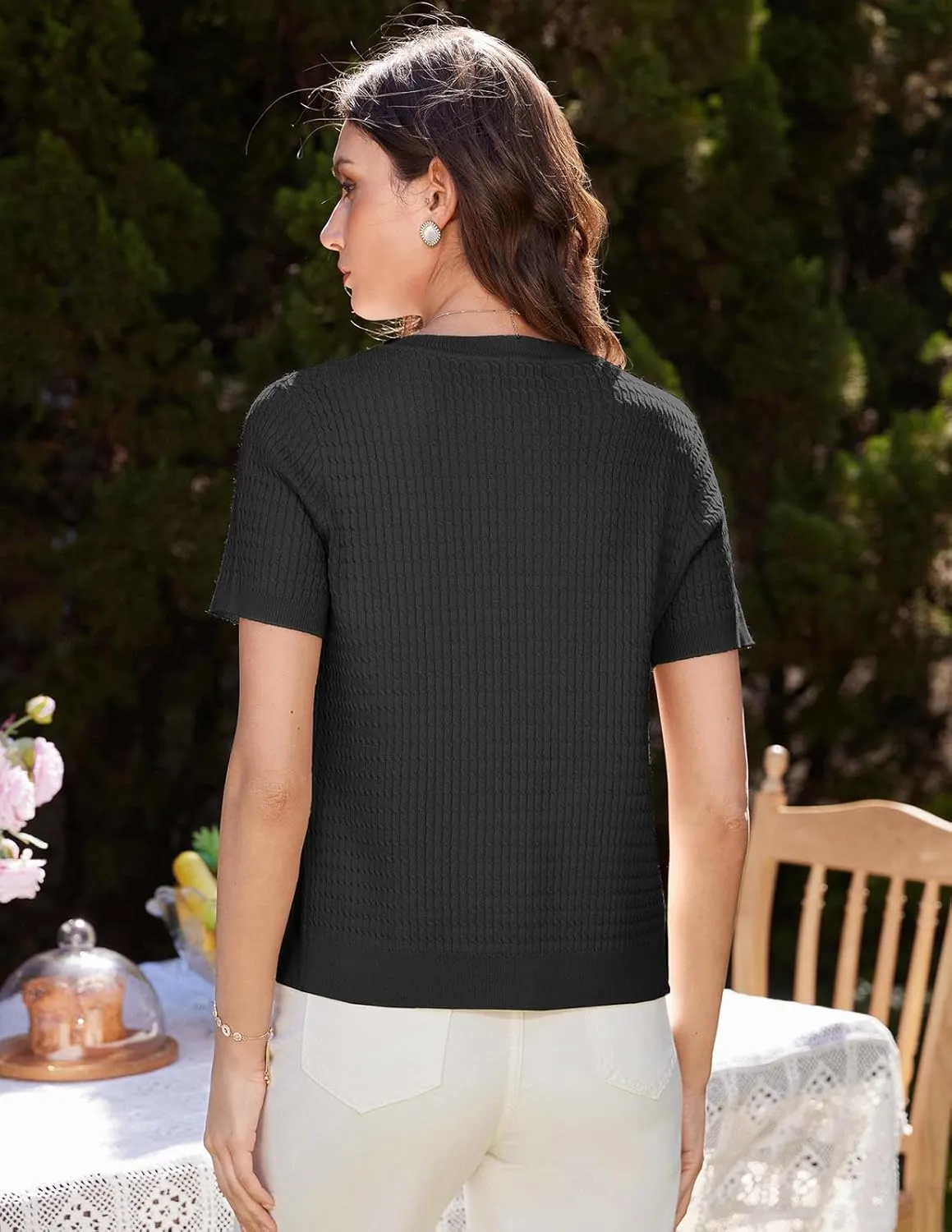 GRACE KARIN 2025 Women's Summer Short Sleeve Cardigan Sweaters Crew Neck Button Down Cropped Sweater Top