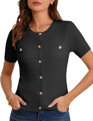 GRACE KARIN 2025 Women's Summer Short Sleeve Cardigan Sweaters Crew Neck Button Down Cropped Sweater Top