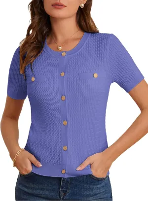 GRACE KARIN 2025 Women's Summer Short Sleeve Cardigan Sweaters Crew Neck Button Down Cropped Sweater Top