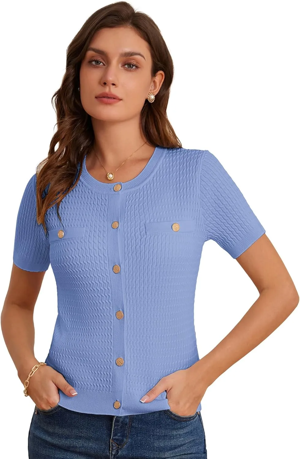 GRACE KARIN 2025 Women's Summer Short Sleeve Cardigan Sweaters Crew Neck Button Down Cropped Sweater Top