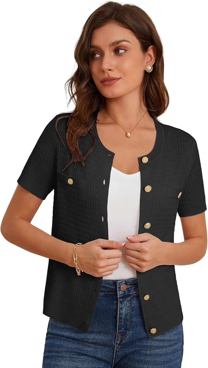 GRACE KARIN 2025 Women's Summer Short Sleeve Cardigan Sweaters Crew Neck Button Down Cropped Sweater Top