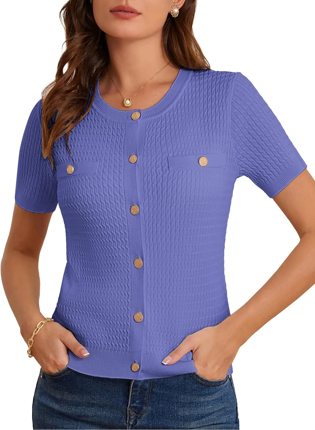 GRACE KARIN 2025 Women's Summer Short Sleeve Cardigan Sweaters Crew Neck Button Down Cropped Sweater Top