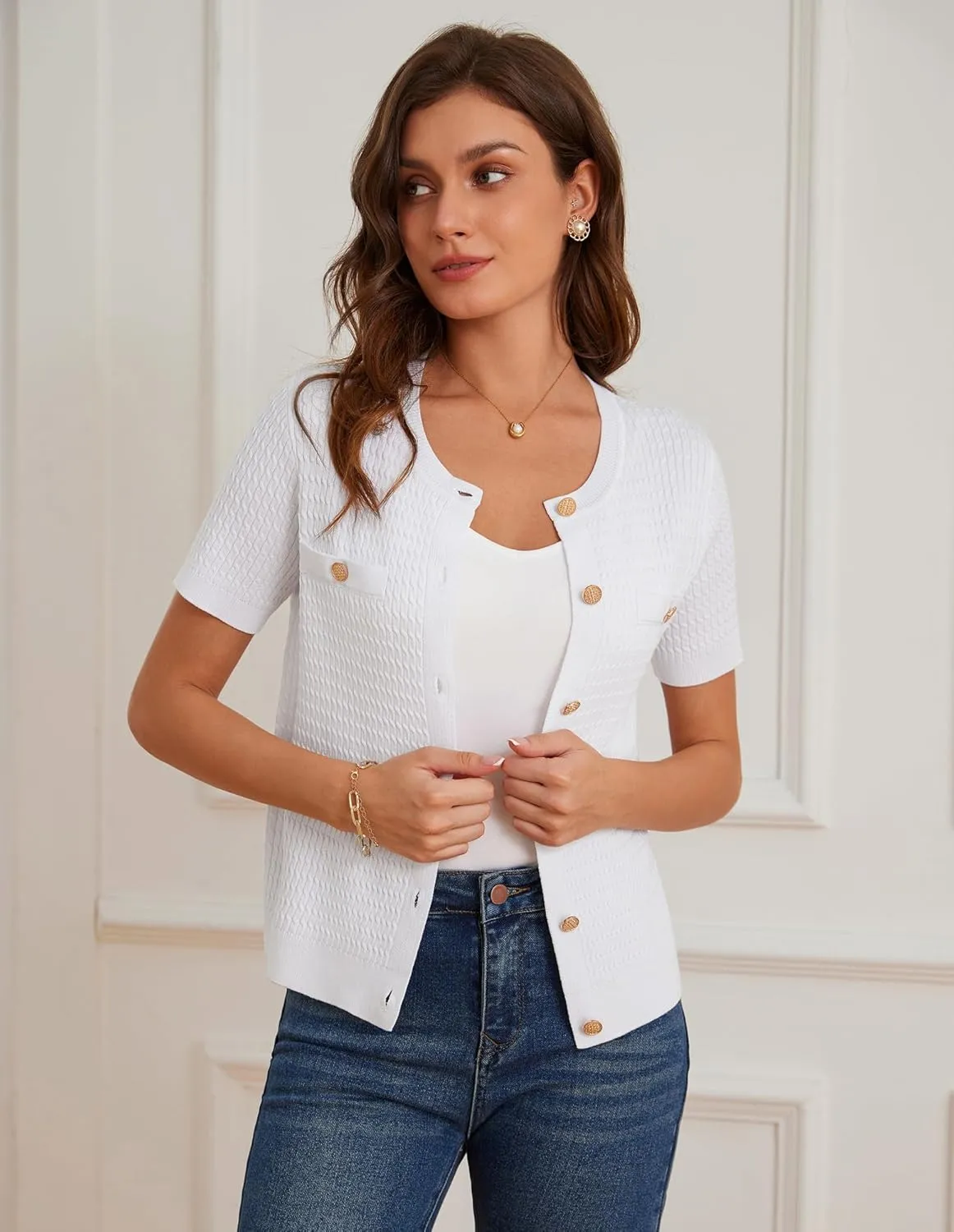 GRACE KARIN 2025 Women's Summer Short Sleeve Cardigan Sweaters Crew Neck Button Down Cropped Sweater Top