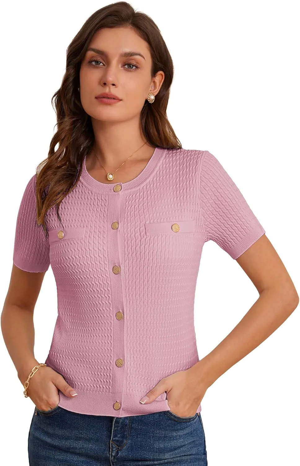 GRACE KARIN 2025 Women's Summer Short Sleeve Cardigan Sweaters Crew Neck Button Down Cropped Sweater Top