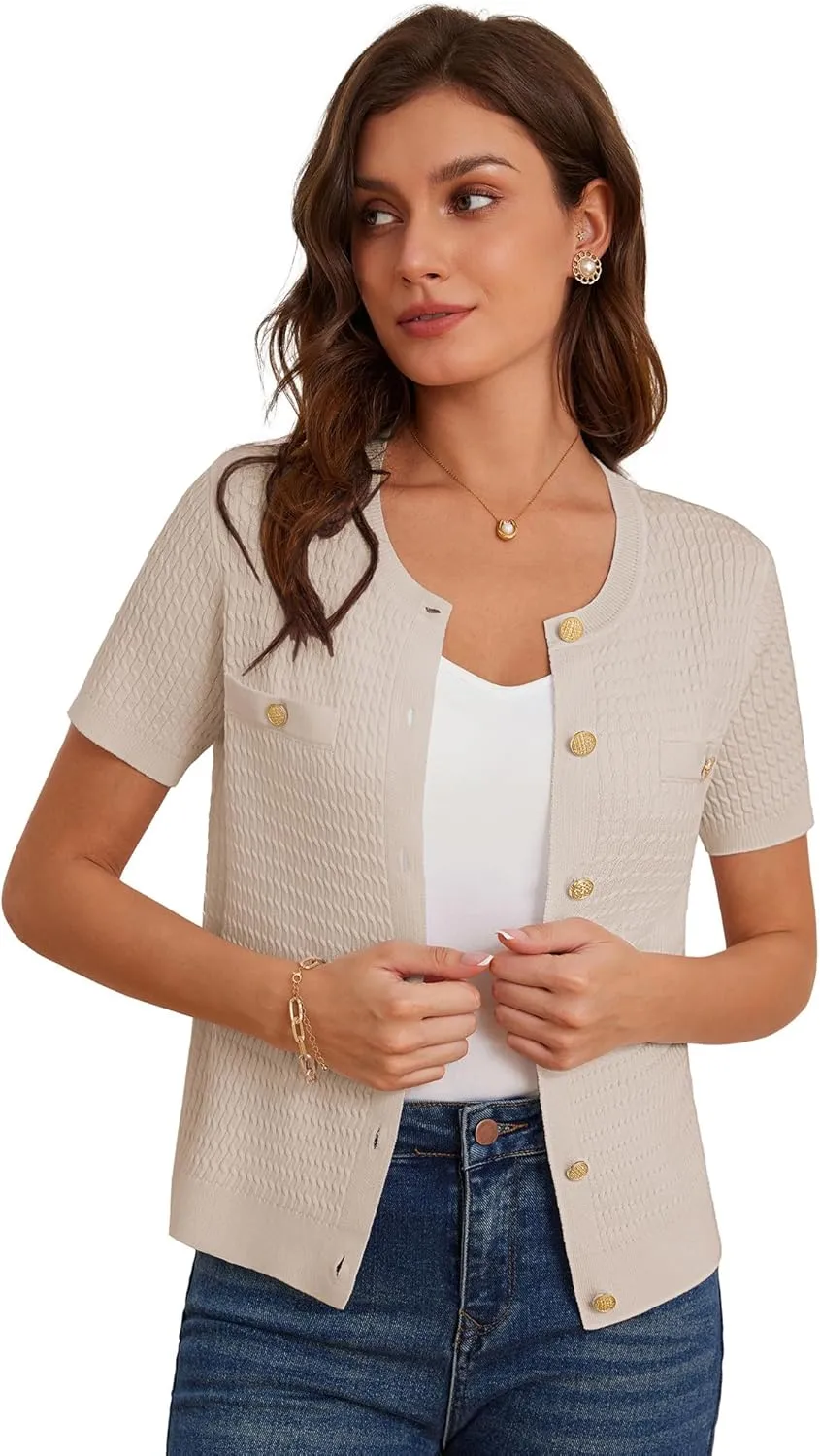 GRACE KARIN 2025 Women's Summer Short Sleeve Cardigan Sweaters Crew Neck Button Down Cropped Sweater Top
