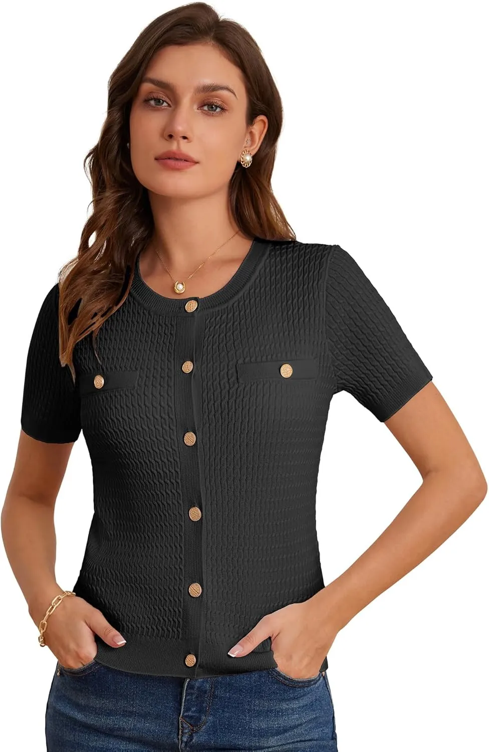 GRACE KARIN 2025 Women's Summer Short Sleeve Cardigan Sweaters Crew Neck Button Down Cropped Sweater Top