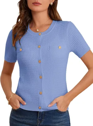 GRACE KARIN 2025 Women's Summer Short Sleeve Cardigan Sweaters Crew Neck Button Down Cropped Sweater Top