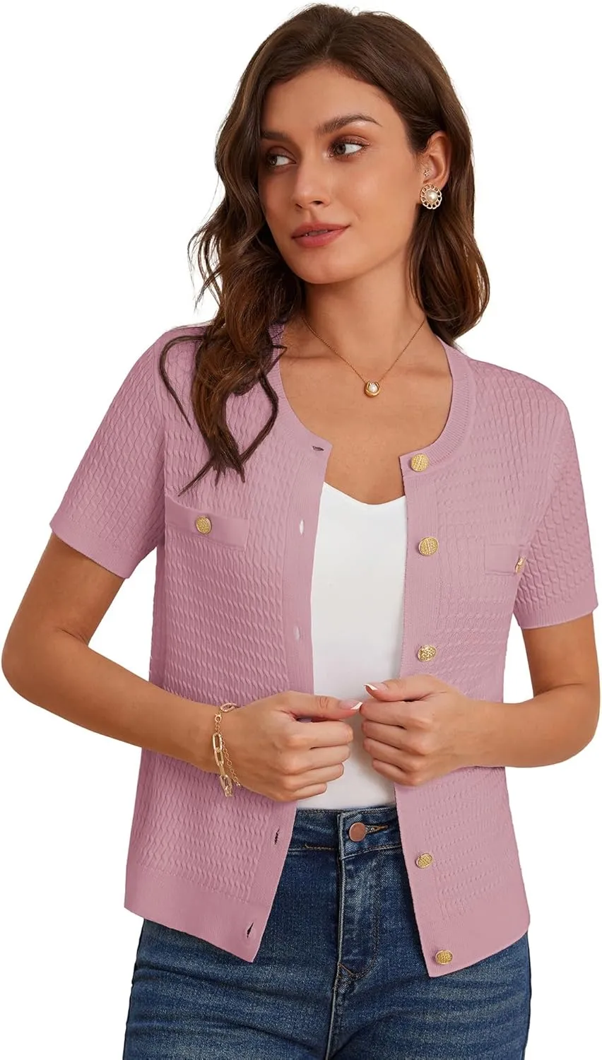 GRACE KARIN 2025 Women's Summer Short Sleeve Cardigan Sweaters Crew Neck Button Down Cropped Sweater Top