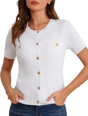 GRACE KARIN 2025 Women's Summer Short Sleeve Cardigan Sweaters Crew Neck Button Down Cropped Sweater Top