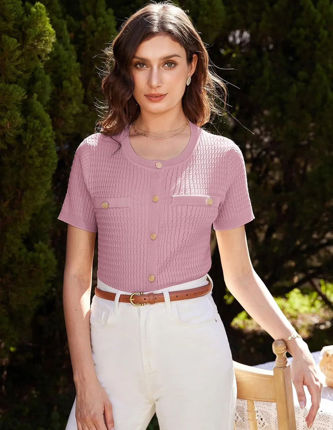 GRACE KARIN 2025 Women's Summer Short Sleeve Cardigan Sweaters Crew Neck Button Down Cropped Sweater Top
