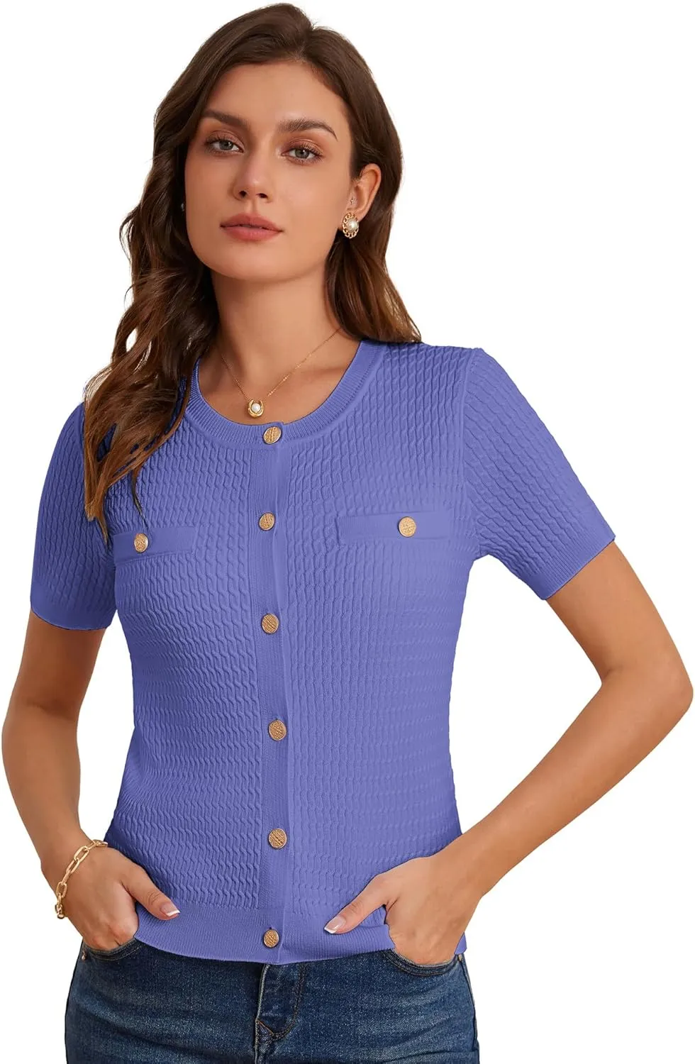 GRACE KARIN 2025 Women's Summer Short Sleeve Cardigan Sweaters Crew Neck Button Down Cropped Sweater Top