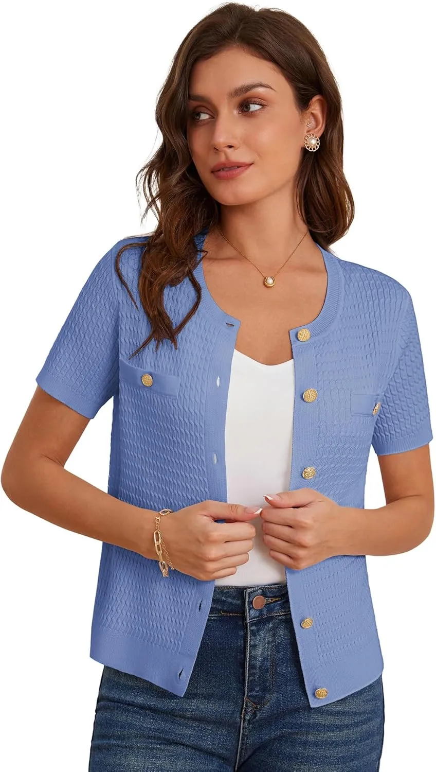 GRACE KARIN 2025 Women's Summer Short Sleeve Cardigan Sweaters Crew Neck Button Down Cropped Sweater Top