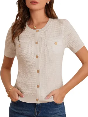 GRACE KARIN 2025 Women's Summer Short Sleeve Cardigan Sweaters Crew Neck Button Down Cropped Sweater Top