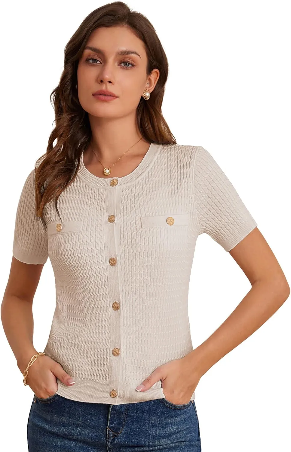 GRACE KARIN 2025 Women's Summer Short Sleeve Cardigan Sweaters Crew Neck Button Down Cropped Sweater Top