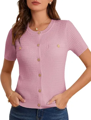 GRACE KARIN 2025 Women's Summer Short Sleeve Cardigan Sweaters Crew Neck Button Down Cropped Sweater Top