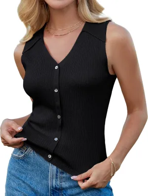 GRACE KARIN Women's Summer Sleeveless Sweater Vest 2025 V Neck Button Down Casual Fit Knit Crochet Crop Tank Tops