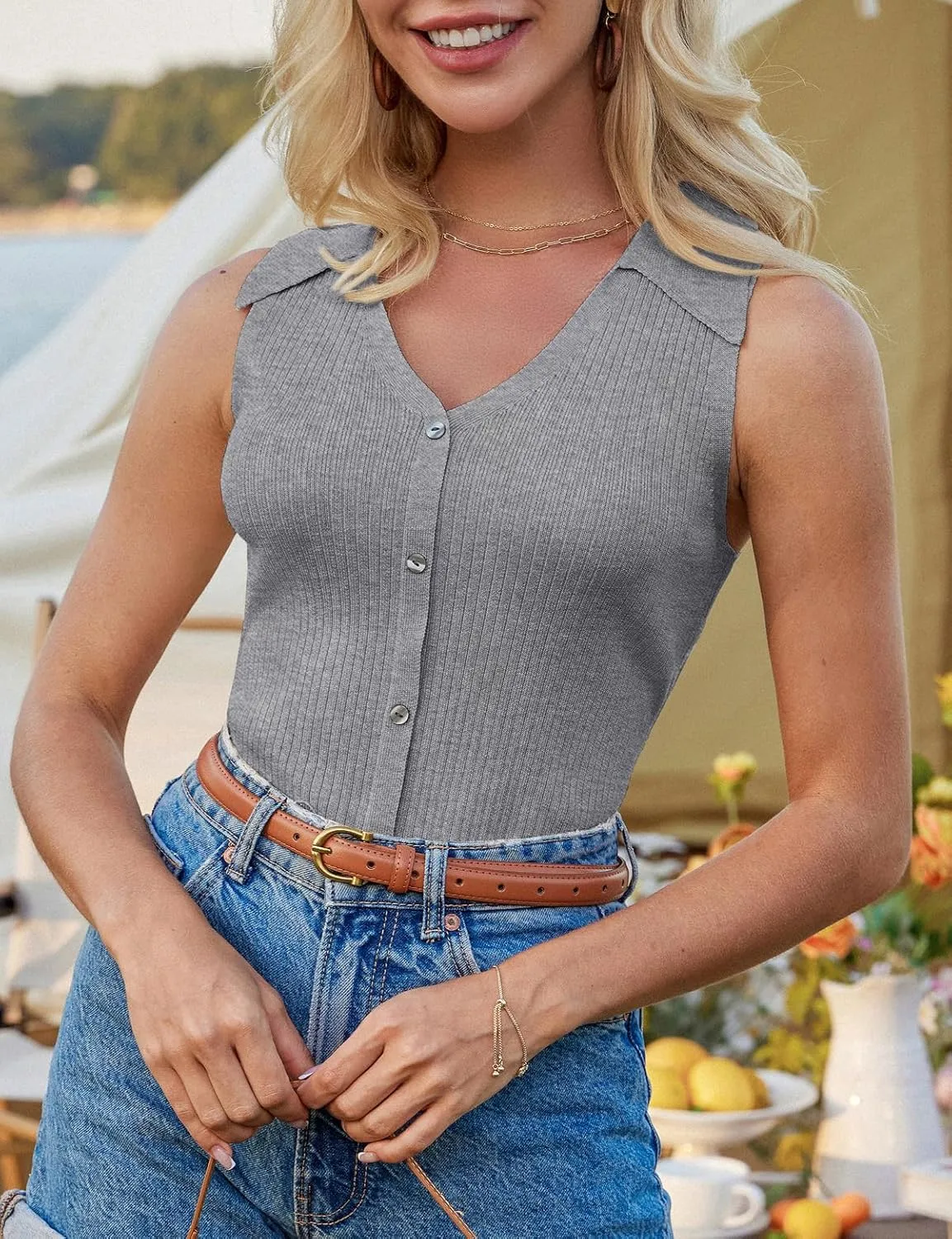 GRACE KARIN Women's Summer Sleeveless Sweater Vest 2025 V Neck Button Down Casual Fit Knit Crochet Crop Tank Tops