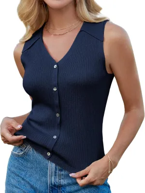 GRACE KARIN Women's Summer Sleeveless Sweater Vest 2025 V Neck Button Down Casual Fit Knit Crochet Crop Tank Tops