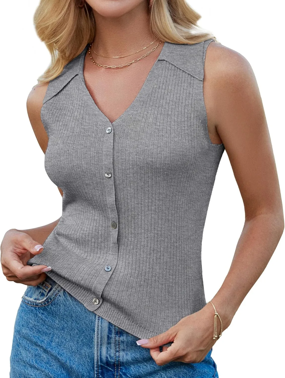 GRACE KARIN Women's Summer Sleeveless Sweater Vest 2025 V Neck Button Down Casual Fit Knit Crochet Crop Tank Tops