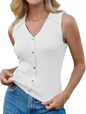 GRACE KARIN Women's Summer Sleeveless Sweater Vest 2025 V Neck Button Down Casual Fit Knit Crochet Crop Tank Tops