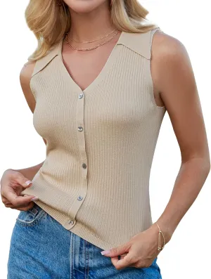 GRACE KARIN Women's Summer Sleeveless Sweater Vest 2025 V Neck Button Down Casual Fit Knit Crochet Crop Tank Tops