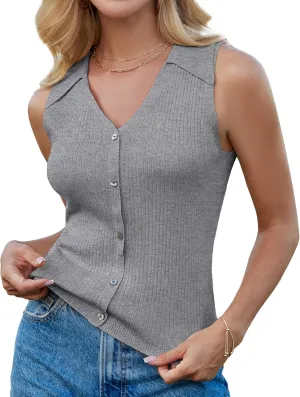 GRACE KARIN Women's Summer Sleeveless Sweater Vest 2025 V Neck Button Down Casual Fit Knit Crochet Crop Tank Tops