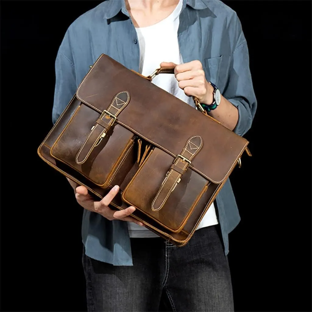 HBJWOV Leather Vintage Man Handbag Briefcase Men Shoulder Bags Brown Business 15.6 Inch Laptop Bag