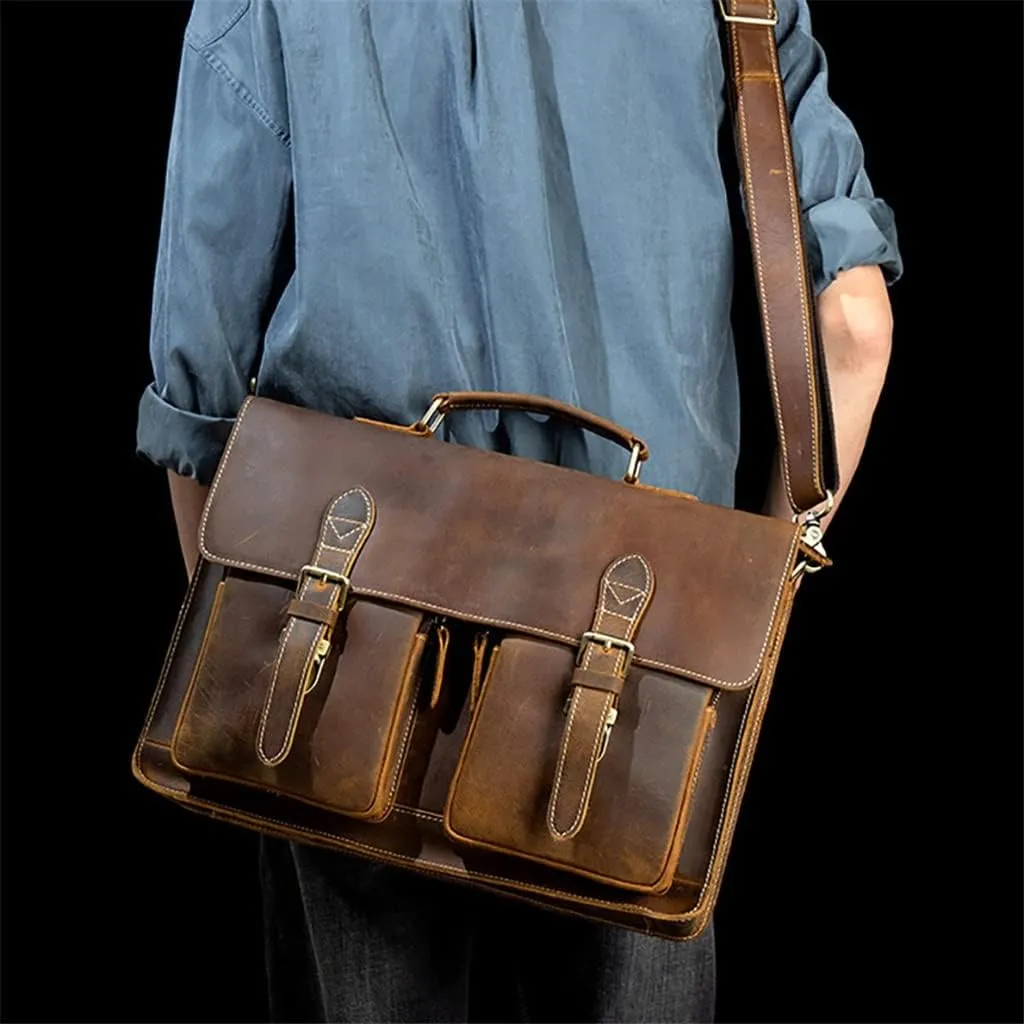 HBJWOV Leather Vintage Man Handbag Briefcase Men Shoulder Bags Brown Business 15.6 Inch Laptop Bag