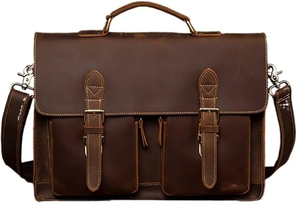 HBJWOV Leather Vintage Man Handbag Briefcase Men Shoulder Bags Brown Business 15.6 Inch Laptop Bag