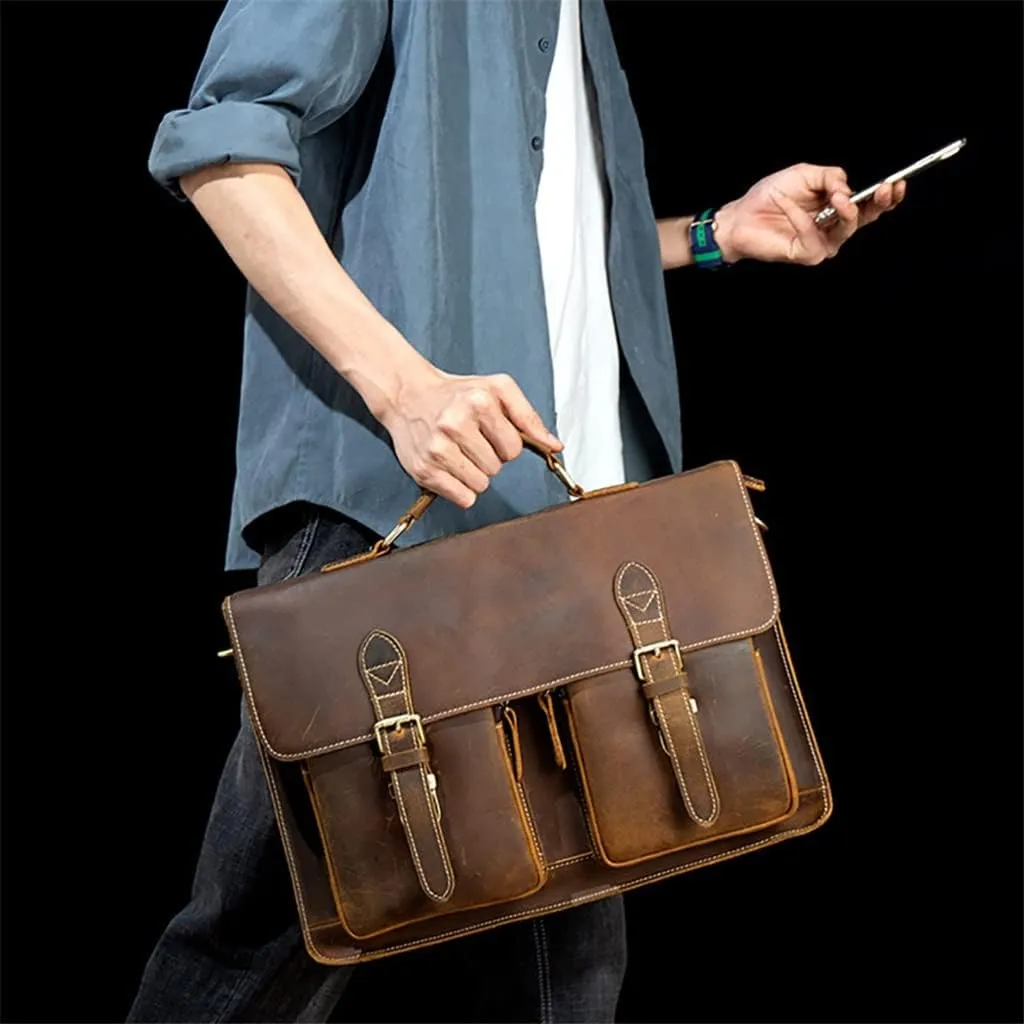 HBJWOV Leather Vintage Man Handbag Briefcase Men Shoulder Bags Brown Business 15.6 Inch Laptop Bag