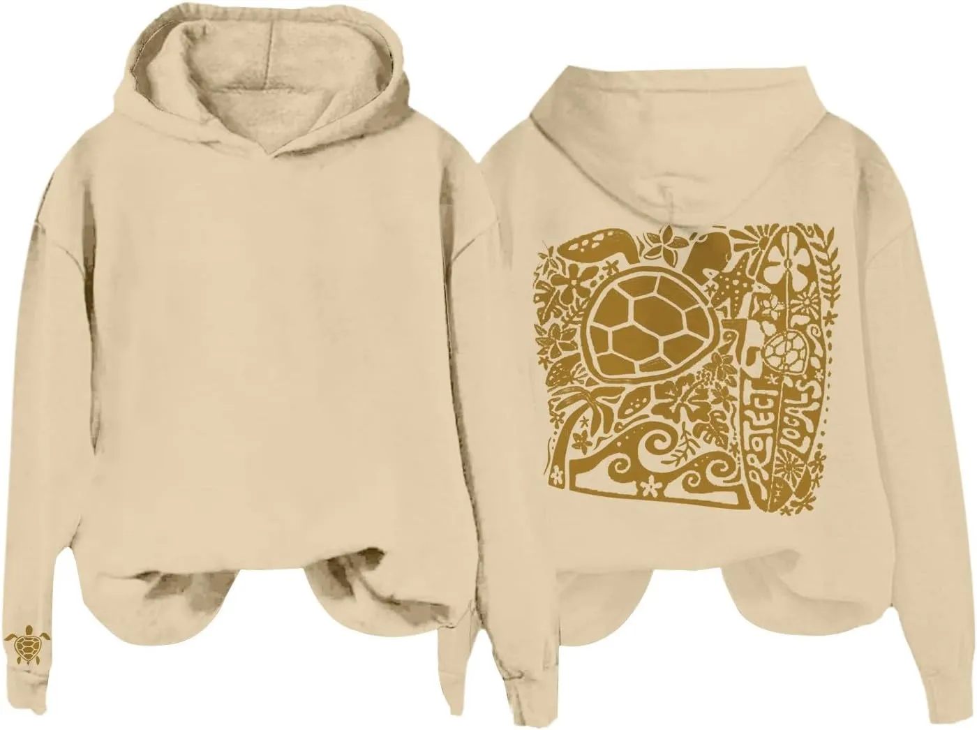 Heevina Pink Palm Puff Hoodie Women Turtle Starfish Surfboard Floral Top Hooded Sweatshirt