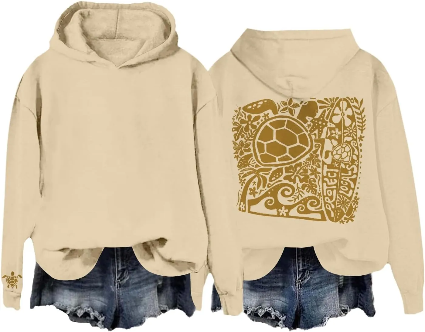 Heevina Pink Palm Puff Hoodie Women Turtle Starfish Surfboard Floral Top Hooded Sweatshirt