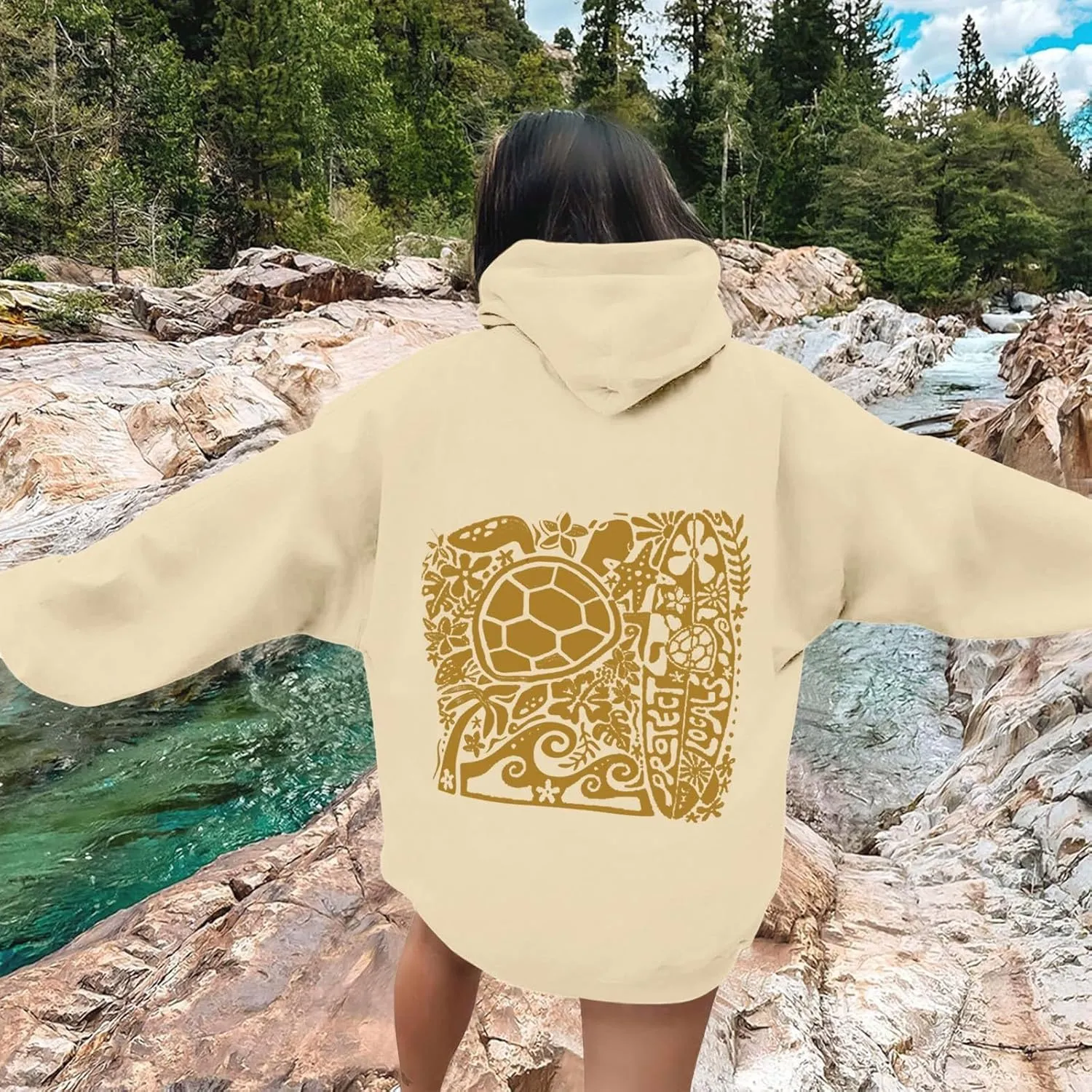 Heevina Pink Palm Puff Hoodie Women Turtle Starfish Surfboard Floral Top Hooded Sweatshirt