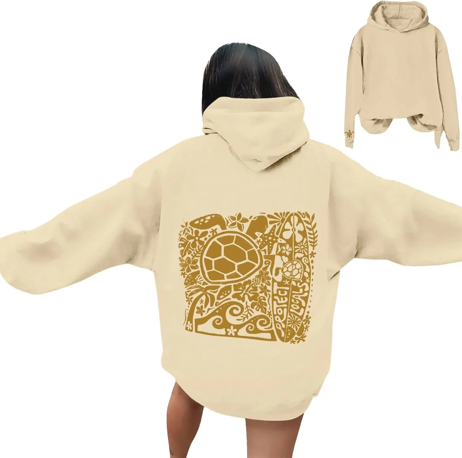 Heevina Pink Palm Puff Hoodie Women Turtle Starfish Surfboard Floral Top Hooded Sweatshirt
