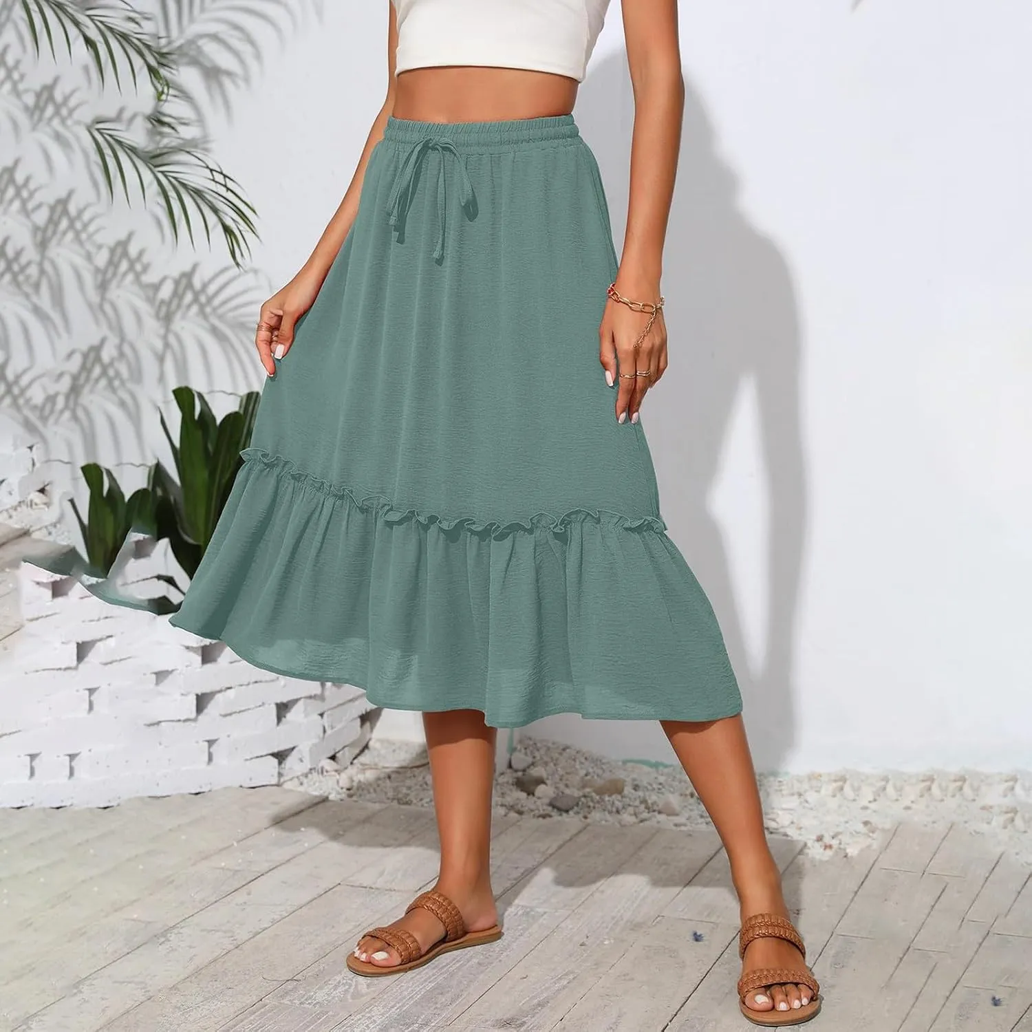 High Waisted Skirts for Women 2025 Cotton Flowy A Line Tiered Midi Skirt with Pockets Summer Beach Comfy Casual Skirt
