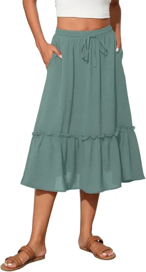 High Waisted Skirts for Women 2025 Cotton Flowy A Line Tiered Midi Skirt with Pockets Summer Beach Comfy Casual Skirt