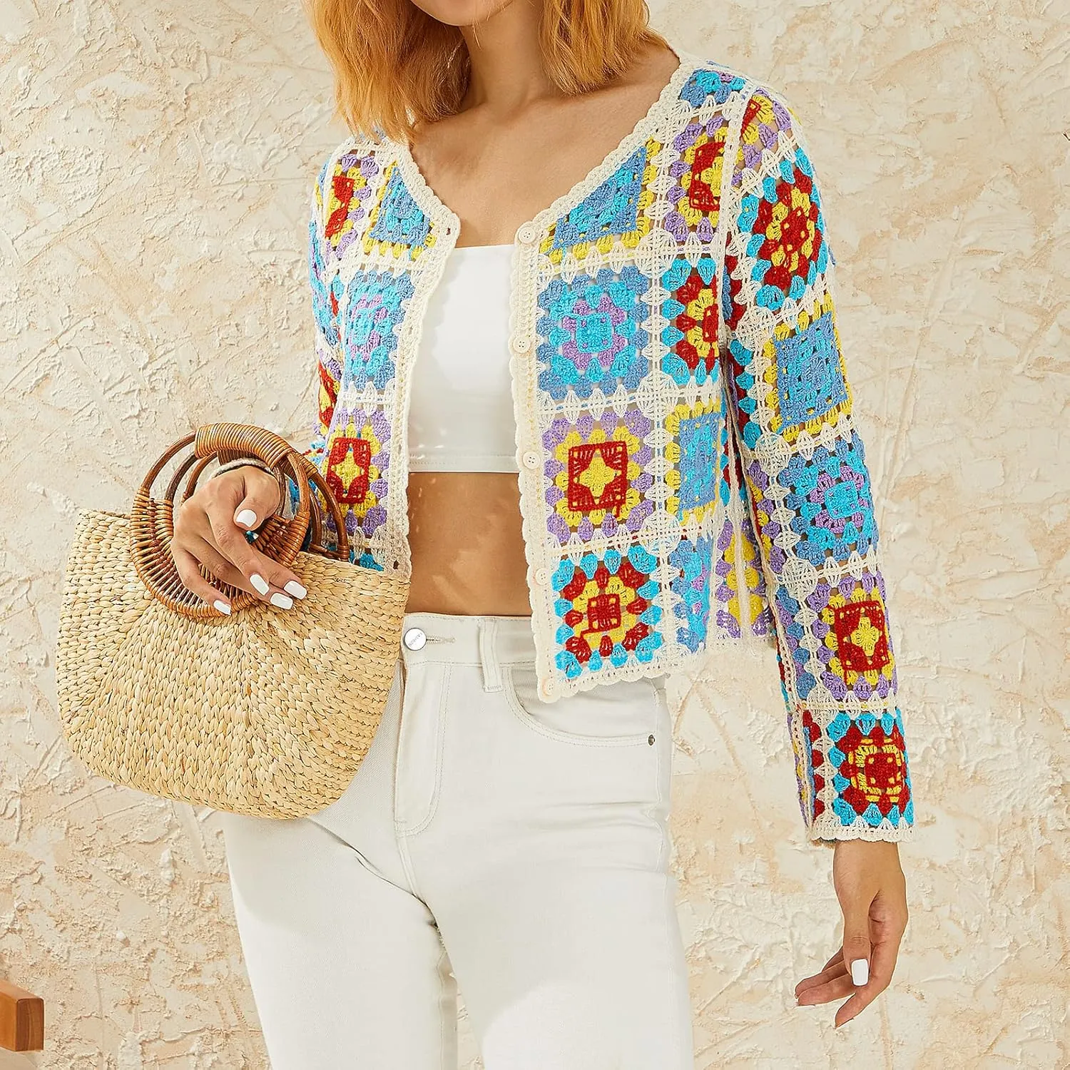 Honganda Women's Knit Crochet Cardigan Long Sleeve Floral Embroidery Hollow Out Knitwear Spring Fall Y2K Boho Sweater