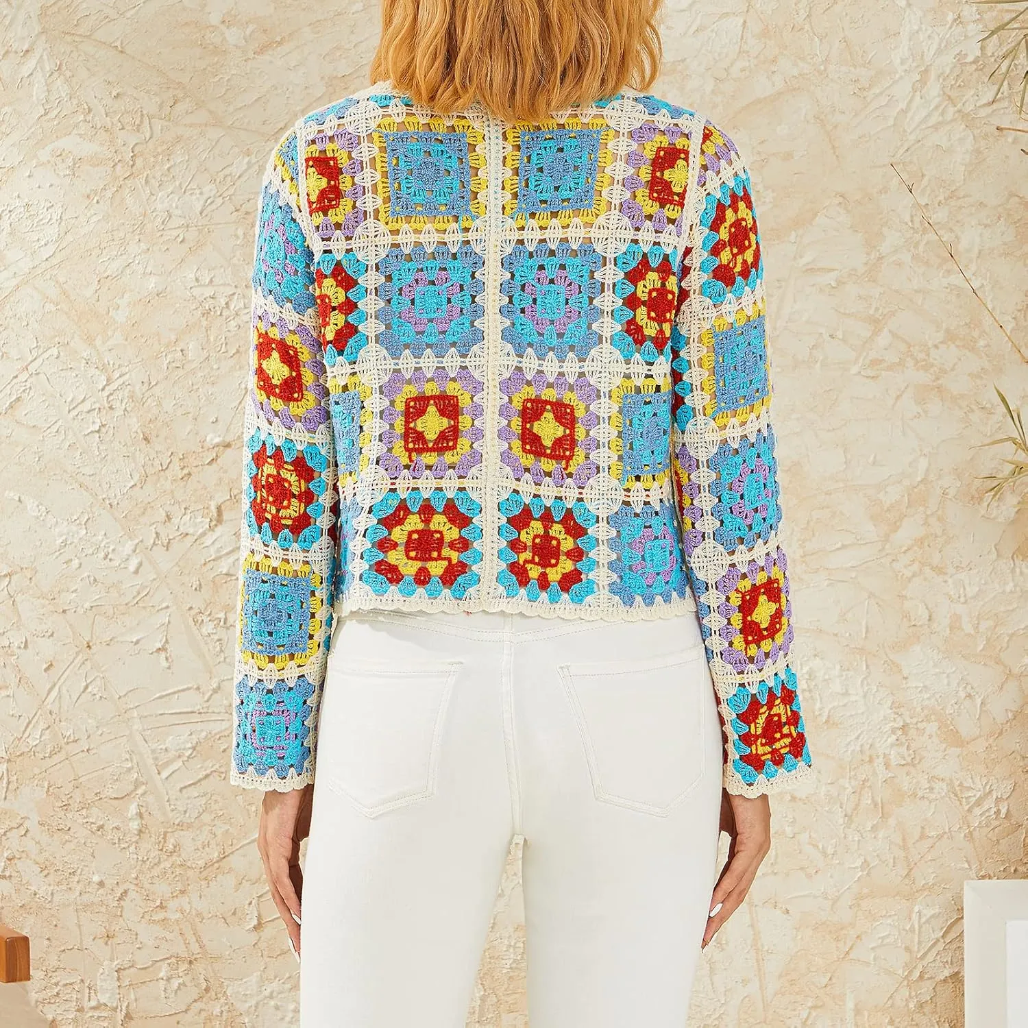Honganda Women's Knit Crochet Cardigan Long Sleeve Floral Embroidery Hollow Out Knitwear Spring Fall Y2K Boho Sweater