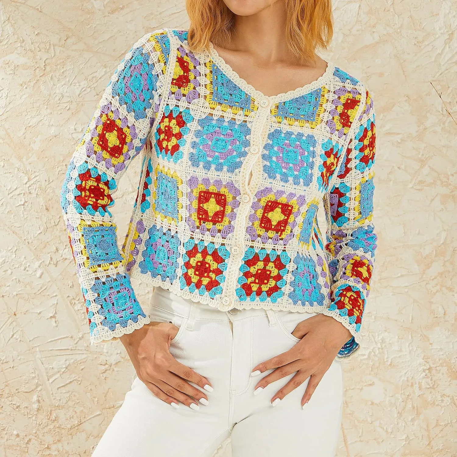 Honganda Women's Knit Crochet Cardigan Long Sleeve Floral Embroidery Hollow Out Knitwear Spring Fall Y2K Boho Sweater
